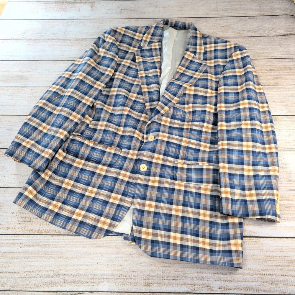 Lands End Mens Plaid Sport Coat Blazer Blue Tan White 2 Button Notch Lapel 40R